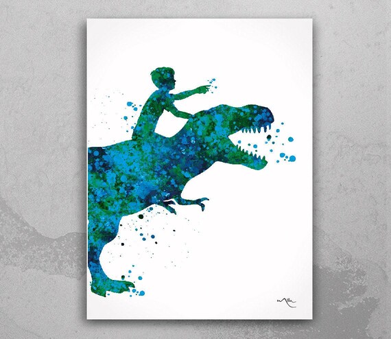 Dinosaur Rider Watercolor Art Print, Boys Room Decor-1941