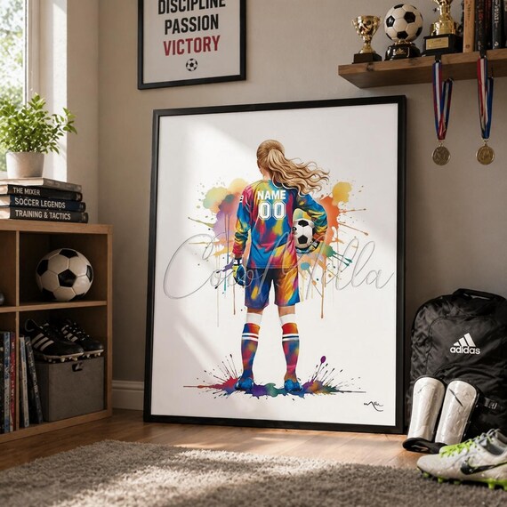 Personalized Soccer Girl Wall Art, Watercolor Kids Room Decor-3017