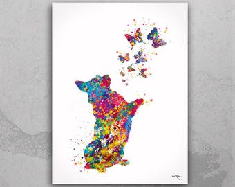 Puede incluir: Una pintura de acuarela de un perro con salpicaduras de pintura coloridas. El perro está de pie sobre sus patas traseras con sus patas delanteras levantadas. Hay mariposas coloridas volando alrededor del perro.