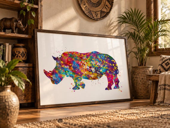 Rhinoceros Watercolor Art Print, Colorful Rhino Wall Decor-779