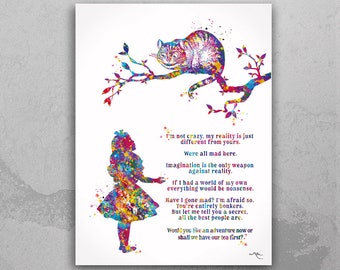 Alice and Cheshire Cat Quotes Watercolor Print Print Motivational Quote Kids Teen Room Decor Nursery Wall Art Home Decor Wall Hanging-531