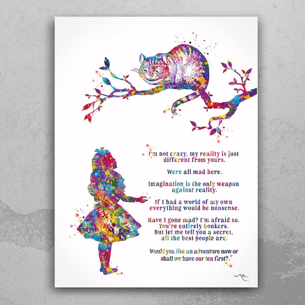 Alice and Cheshire Cat Quotes Watercolor Print Print Motivational Quote Kids Teen Room Decor Nursery Wall Art Home Decor Wall Hanging-531