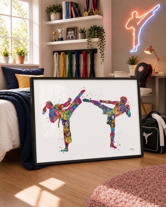 Taekwondo Watercolor Print: MMA Martial Arts Couple, Sport Wall Art-1871