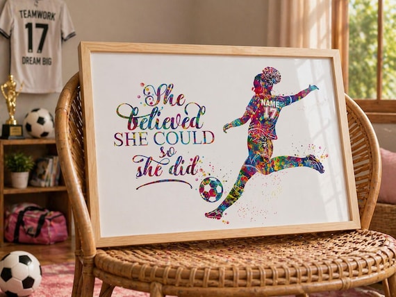 Personalized Soccer Girl Watercolor Print, Motivational Quote-2995