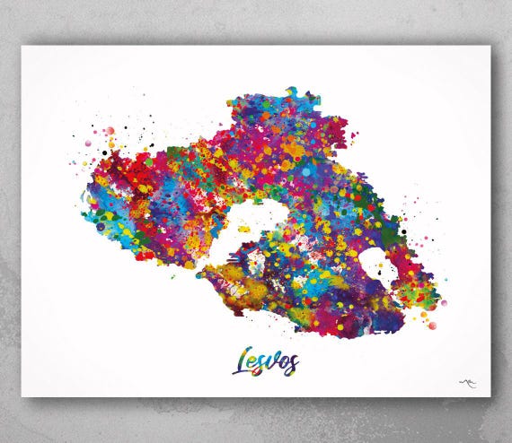 Lesvos Map Watercolor Print, Greek Island Travel Poster-2274