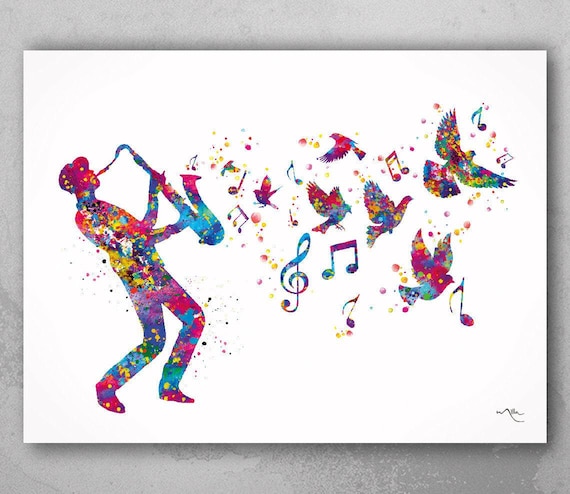 Jazz Saxophone Watercolor Print | Musician & Birds Wall Art-1939