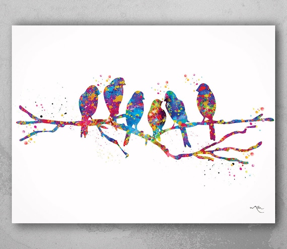 Watercolor Birds on Branch Art Print, Colorful Bird Nursery Decor-753