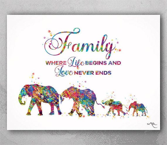 Elephant Family Watercolor Print, Two Moms & Babies, LGBT Art-1154