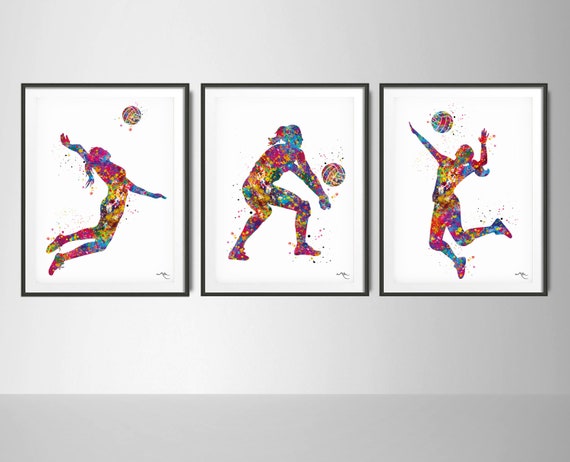Volleyball Girl Set of 3 Watercolor Print Hand Ball Player Girl Woman Female Sports Girl Room Decor Handball Poster Wall Art Wall Decor-1771