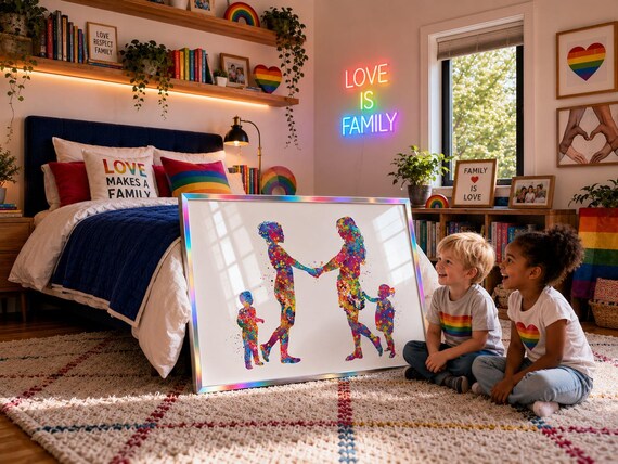 Two Moms, Two Kids Watercolor Art Print, LGBT Family Gift-1979