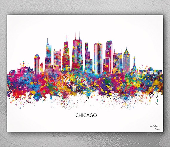 Chicago Skyline Watercolor Art Print, Illinois Home Decor-324