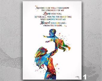 Mother and Child Watercolor Print: Heart Sounds Quote, Nursery Decor-1582