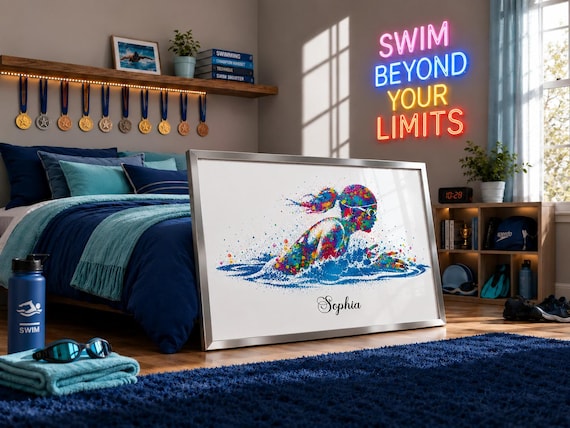 Personalized Swimmer Girl Watercolor Art Print, Sport Wall Decor-3055