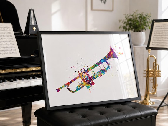 Trumpet Watercolor Print, Music Room Wall Art-1133