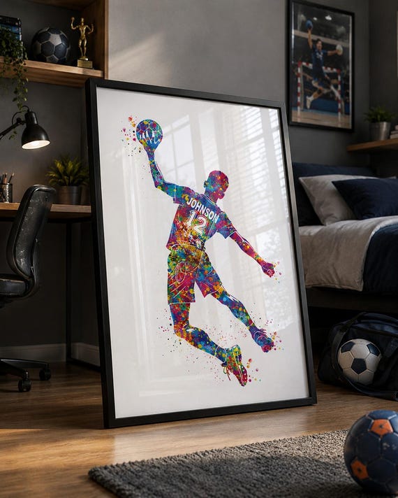 Personalized Handball Player Watercolor Print: Teen Boy Room Decor-2944