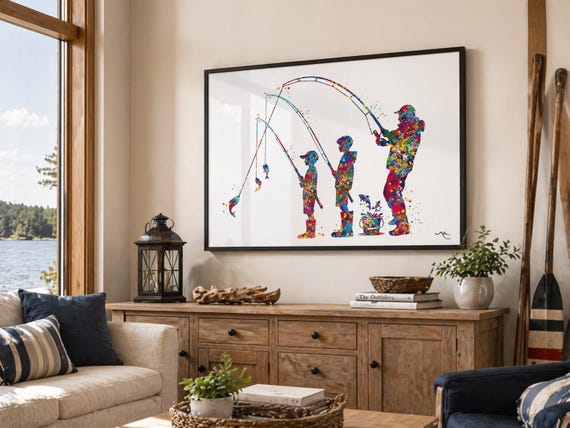 Father and Sons Fishing Print, Colorful Watercolor Wall Art-3012