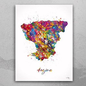 Aegina Map Watercolor Print Aegina Island Map Greece Travel Poster Wedding Honeymoon Anniversary Greek Wall Decor Minimalist Wall Art-2282