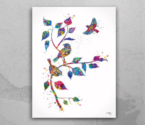 Birds on Branch Watercolor Print, Colorful Nursery Wall Art-934