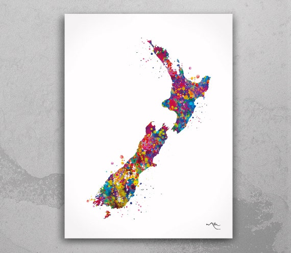 New Zealand Map Watercolor Art Print, Colorful Travel Poster-2033