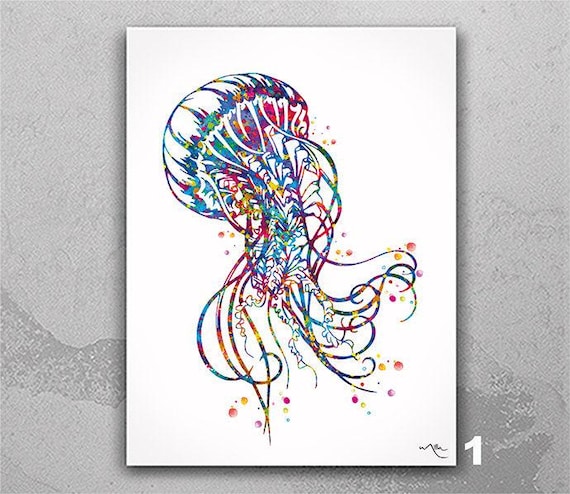 Jellyfish Watercolor Art Print, Summer Nautical Wall Decor-774