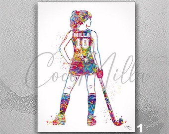 Field Hockey Player Women Girl Female Personalized Watercolor Print Sports Girl Teen Room Decor Personalized Gift Customize Wall Art-2782
