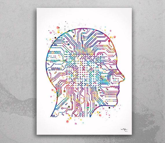 AI Brain Print | Abstract Watercolor Circuit Board Art-206