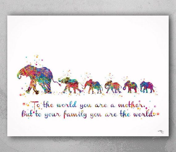 Elephant Family Mom and Five Baby Watercolor Print Quote Art Print Wedding Gift Family Print Wall Art Home Decor Wall Decor Wall Prints-1180