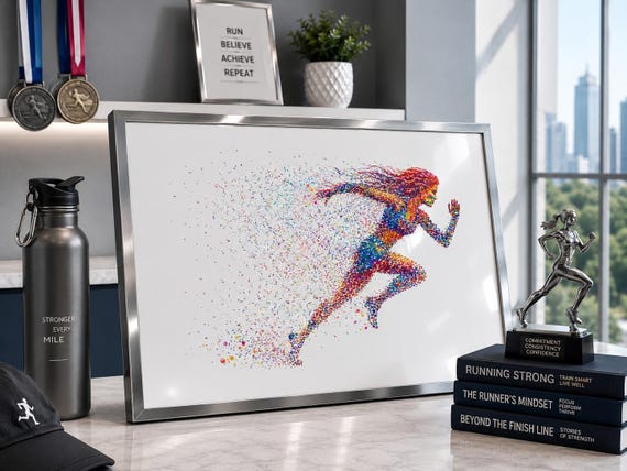 Female Runner Watercolor Print, Colorful Running Wall Decor, Athletic Girl Poster-3050