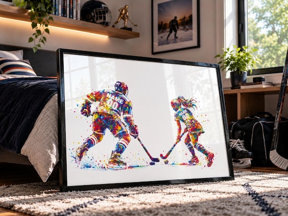 Personalized Ice Hockey Male with Field Hockey Female Couple Watercolor Print-3068