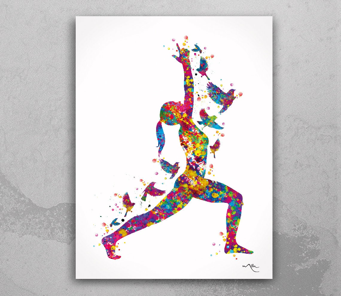 Discover Warrior I Yoga Art Birds Watercolor Print Virabhadrasana Poster