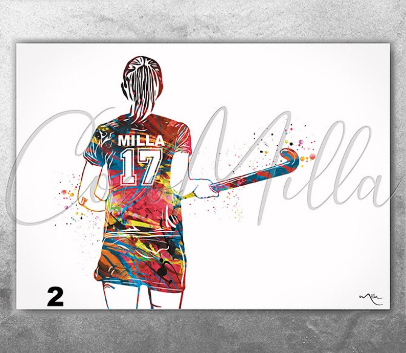 Field Hockey Player Women Girl Female Personalized Watercolor Print Sports Girl Teen Room Decor Personalized Gift Customize Wall Art-2387 image 2