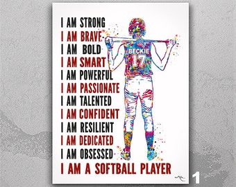 Personalized I Am A Softball Player Watercolor Poster/Canvas, Softball Poster, Custom Name Softball Player, Gift for Softball Player-2528