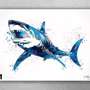 Great White Shark Watercolor Print Housewarming Gift Wall Art Mancave Decor Nautical Art Sea Themed Ocean Home Decor Wall Hanging-2591