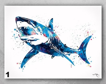 May include: A watercolor painting of a great white shark with blue, white, and purple colors. The shark is swimming with its mouth open and its teeth showing.