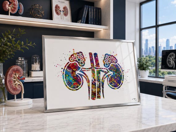 Watercolor Kidney Anatomy Art Print, Endocrinology Medical Art Gift-1325