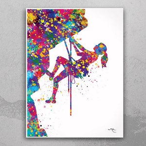 Rock Climber Girl Watercolor Print: Extreme Sport Wall Art-414
