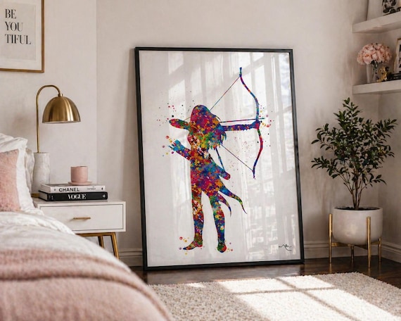 Archer Girl Watercolor Print, Bow and Arrow Wall Art-1757