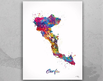 Corfu Island Map Art Print: Greece Watercolor Travel Poster-2279