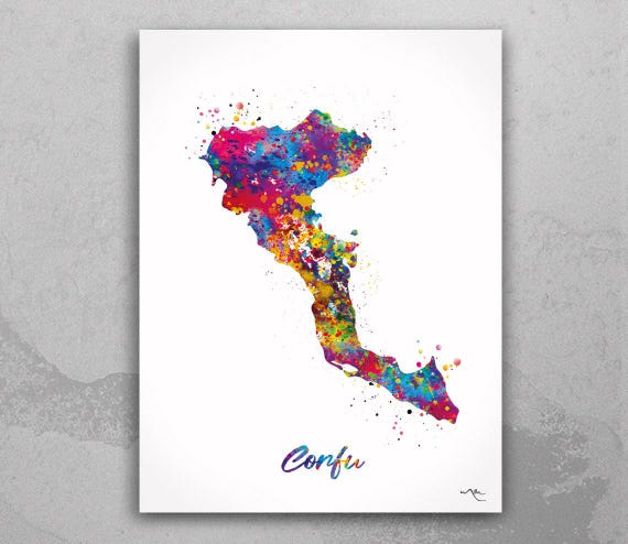Corfu Island Map Art Print: Greece Watercolor Travel Poster-2279