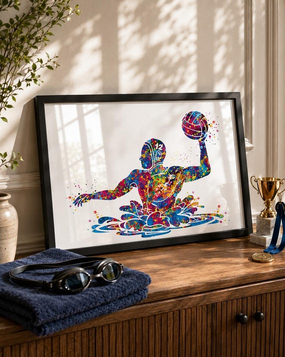 Watercolor Water Polo Print, Personalized Man Cave Decor-2790