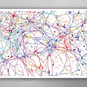 May include: Abstract digital art print of a colourful neuron network. The image features a complex network of interconnected lines and dots in shades of blue, green, red, yellow, and purple.