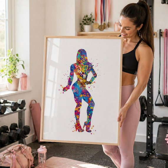 Fitness Girl Watercolor Print: Bodybuilding Competition Pose-2501