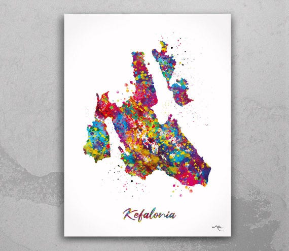 Kefalonia Map Art Print: Watercolor Cephalonia Island, Greece-2280