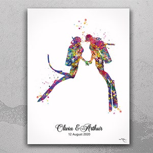 Scuba Diving Couple Watercolor Print Personalised Scuba Diving Couple Print Wall Art Diving Wedding Gift Valentine's Gift Wall Hanging-1392