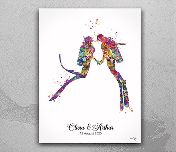 Scuba Diving Couple Watercolor Print, Personalized Gift-1392
