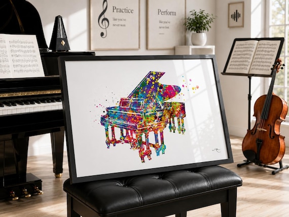Piano Watercolor Art Print, Colorful Music Room Decor-1094