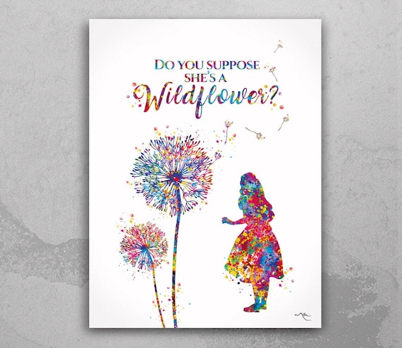Alice in Wonderland Wildflower Watercolor Print, Teen Girl Room Decor-856