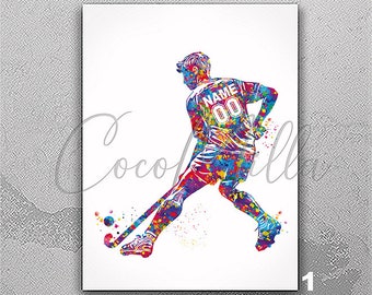 Field Hockey Player Male Boy Man Personalized Watercolor Print Sports Boy Teen Room Decor Personalized Gift Customize Hockey Wall Art-2811