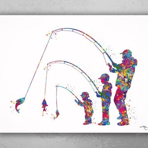 Father Son and Baby Fishing Watercolor Print Fishing Kids Father Day Fishing Art Gift Wall Art Dad and Kids Home Decor Nursery Decor-2059