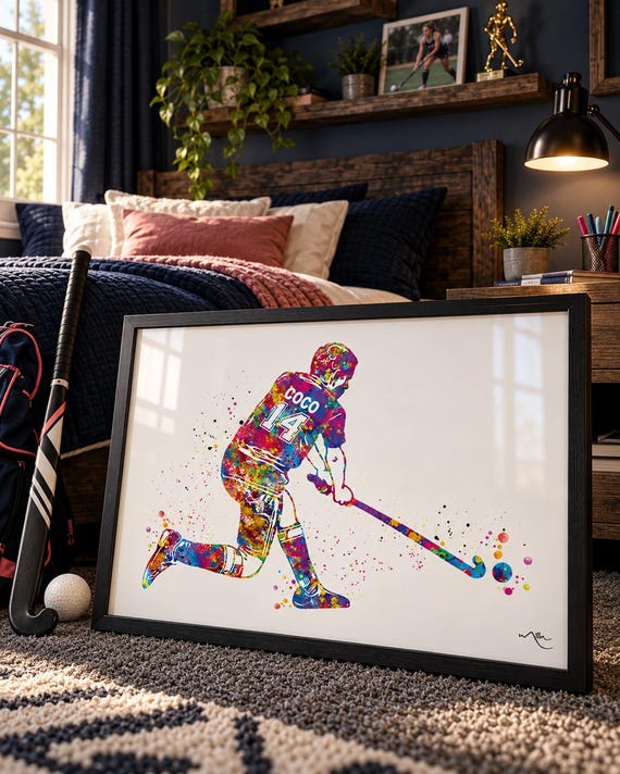 Personalized Field Hockey Player Watercolor Print, Teen Room Decor-2395